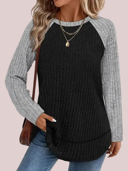 Women's Color Block Raglan Sleeve Ribbed Crewneck Tunic Blouse