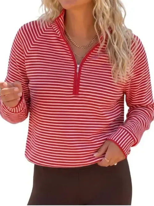 Women's Striped Half Zip Stand Collar Cropped Pullover