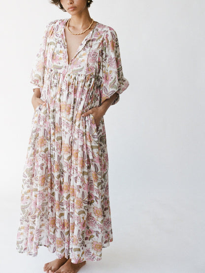 Women's Romantic Floral Lantern Sleeve Flowy Maxi Dress
