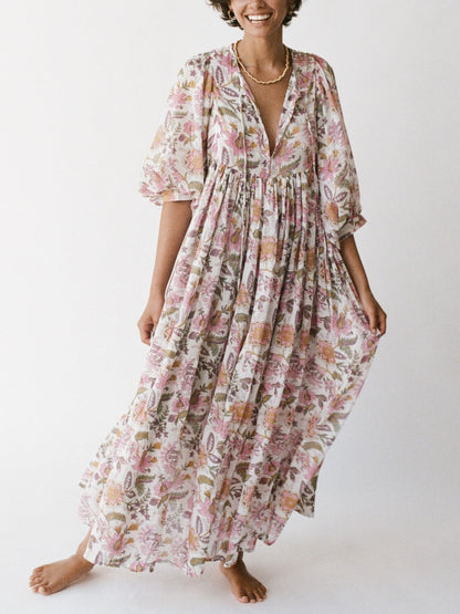 Women's Romantic Floral Lantern Sleeve Flowy Maxi Dress