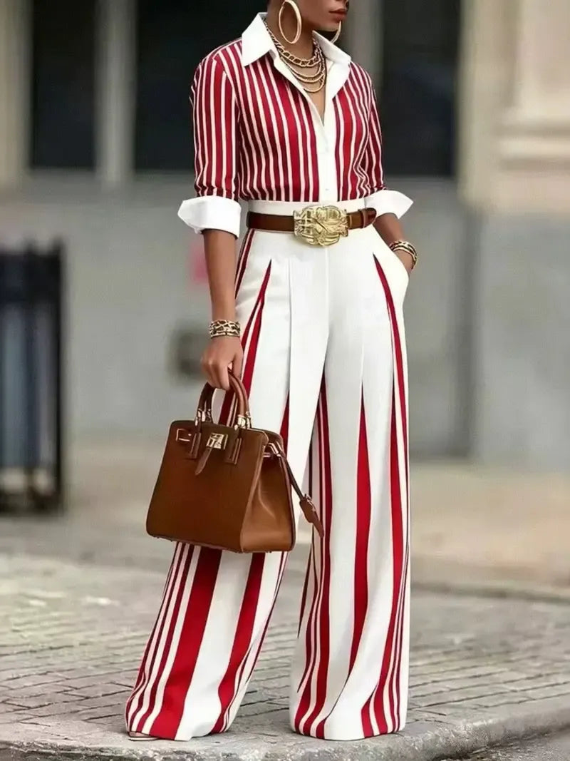 Women's Chic Striped Shirt Wide Leg Pants Set