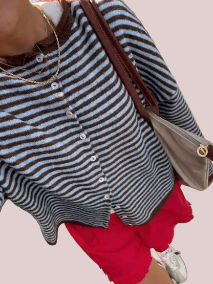Women's Fall Long Sleeve Striped Knit Cardigan