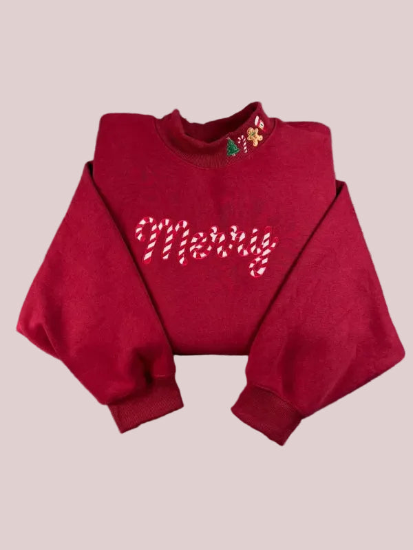 Women's Festive Merry Candy Cane Embroidery Holiday Sweatshirt