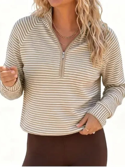 Women's Striped Half Zip Stand Collar Cropped Pullover