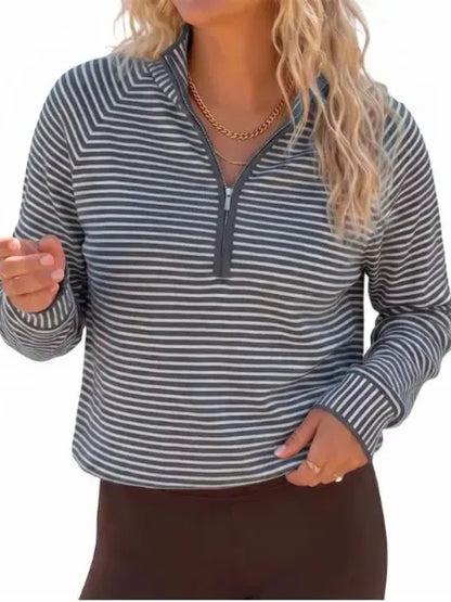 Women's Striped Half Zip Stand Collar Cropped Pullover