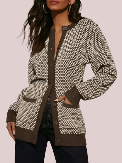 Women's Houndstooth Cardigan Sweaters with Front Patch Pockets