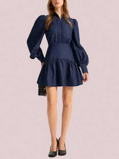 Women's Casual Denim Collared Neck Puff-Sleeve Dress