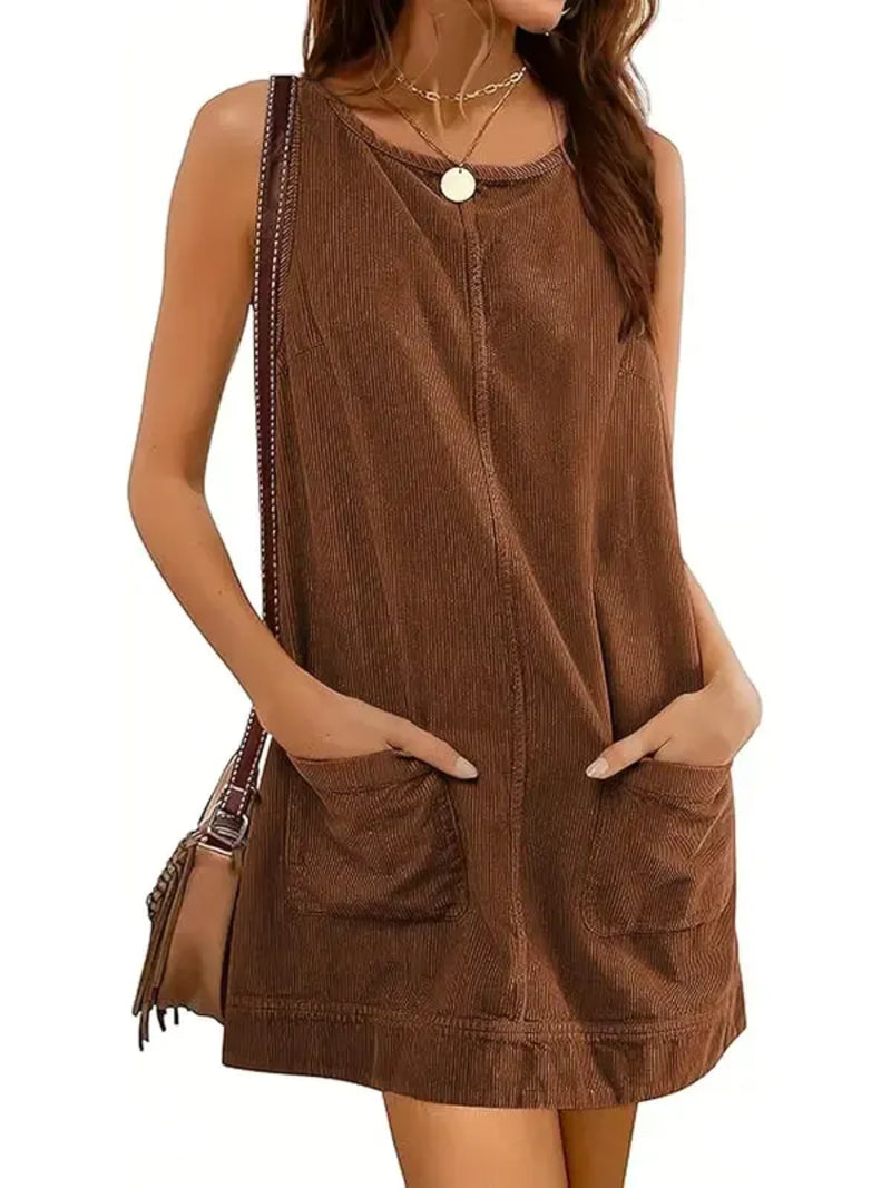 Women's Fitted U-Back Corduroy Overall Dress