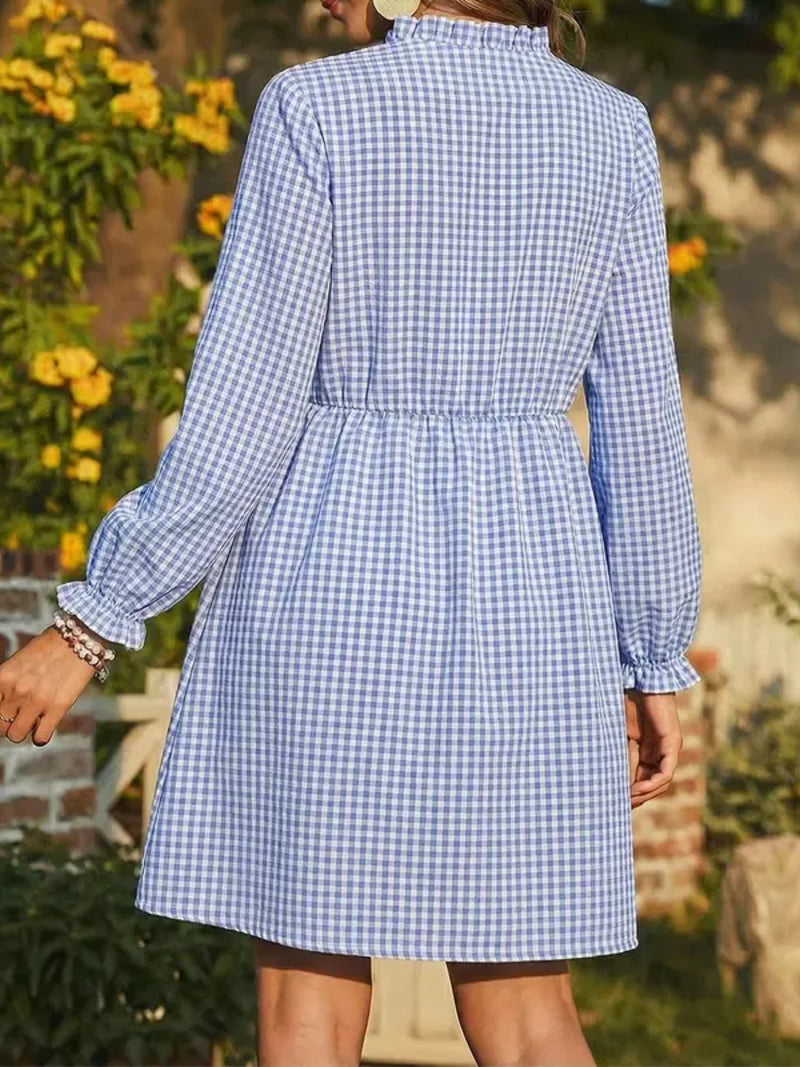 Women's Frill V Neck Plaid Long Sleeve Mini Dress