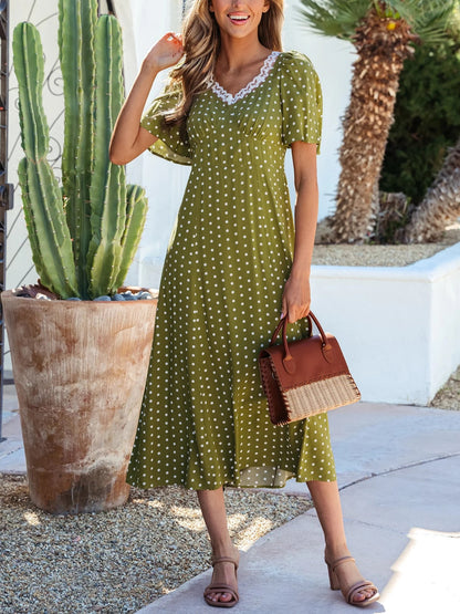 Women's Flounce Sleeve Polka Dot Back Tie Dress
