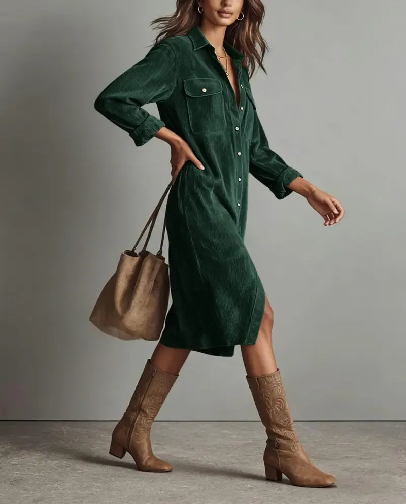 Women’s Fall Lapel Corduroy Button Down Shirt Dress