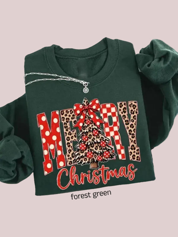 Women's Merry Christmas Leopard Tree Graphic Sweatshirt