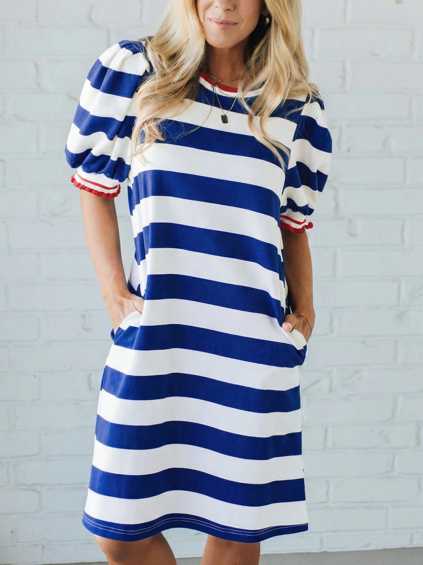 Women's Stripe Puff Sleeve T-Shirt Dress with Pockets