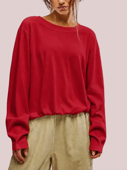 Women's Drop Shoulder Long Sleeve Top with Elastic Hem