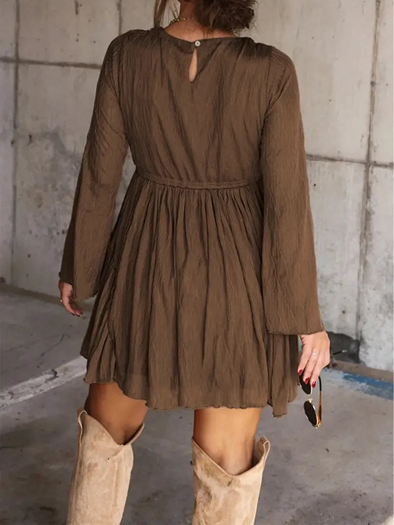 Women's V Neck Long Sleeve Dress with Pants Lining