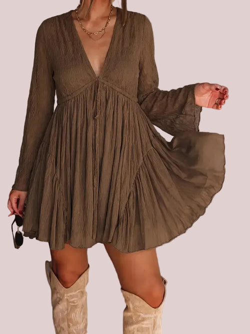 Women's V Neck Long Sleeve Dress with Pants Lining