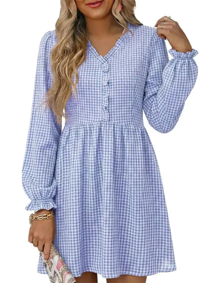 Women's Frill V Neck Plaid Long Sleeve Mini Dress