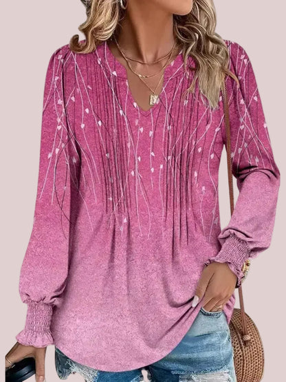 Women's Print Notch V‑Neck Long Sleeve Top