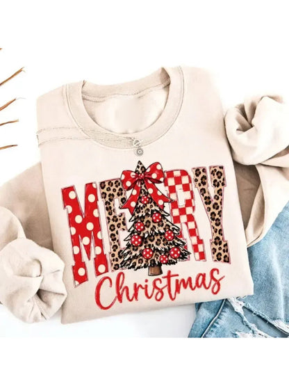 Women's Merry Christmas Leopard Tree Graphic Sweatshirt