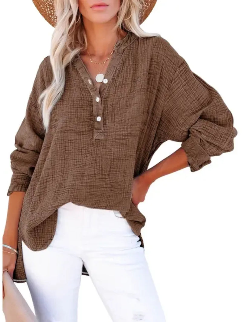 Women's Oversized Henley V Neck Long Sleeve Blouse