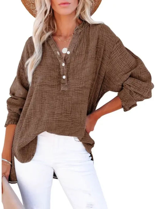 Women's Oversized Henley V Neck Long Sleeve Blouse
