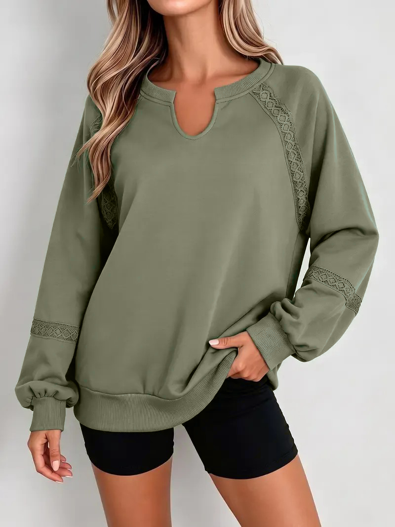 Women's Notch Neck Lace Patchwork Raglan Sweatshirt