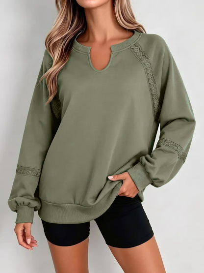 Women's Notch Neck Lace Patchwork Raglan Sweatshirt
