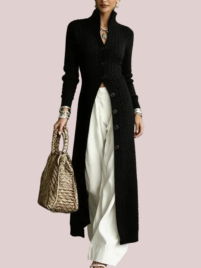 Women's Stand Collar Cable Knit Long Cardigan