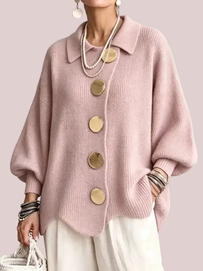 Women's French Lapel Knit Cardigan with Big Metal Buttons