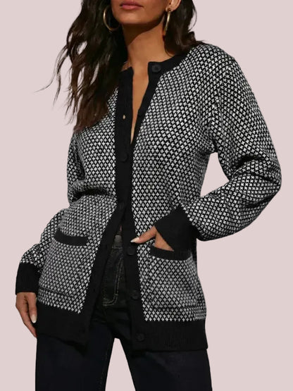 Women's Houndstooth Cardigan Sweaters with Front Patch Pockets