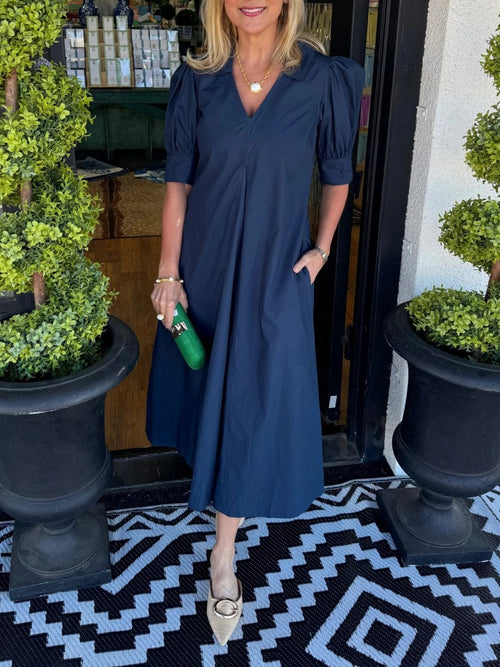 Women's Puff Sleeve A-Line Midi Dress