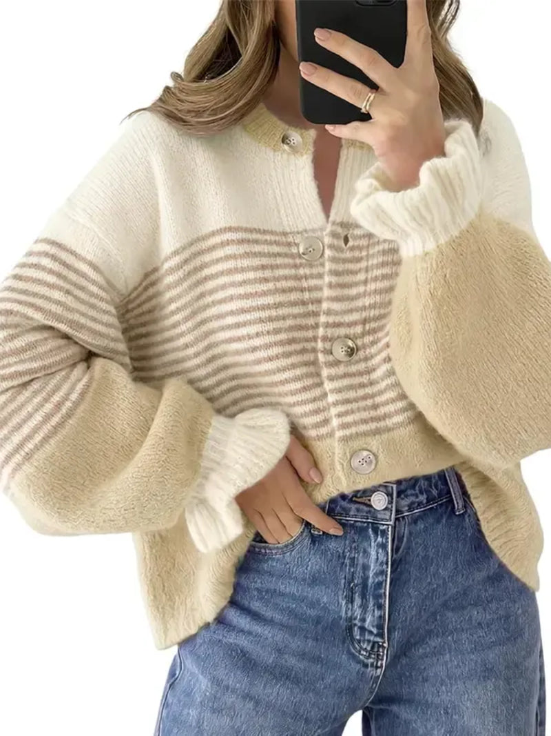 Women's Color Block Striped Ruffle Cuff Cardigan