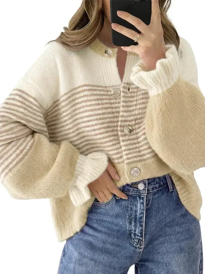 Women's Color Block Striped Ruffle Cuff Cardigan