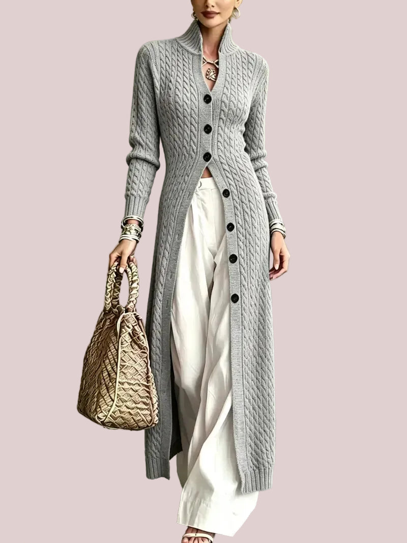 Women's Stand Collar Cable Knit Long Cardigan
