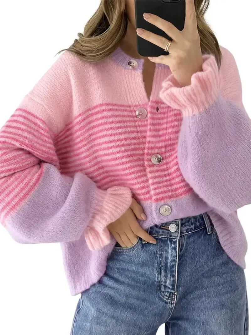 Women's Color Block Striped Ruffle Cuff Cardigan