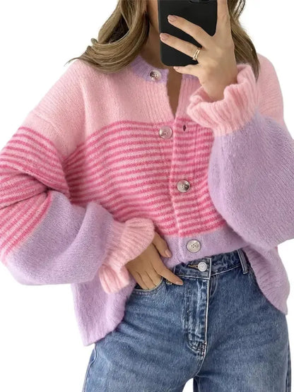 Women's Color Block Striped Ruffle Cuff Cardigan