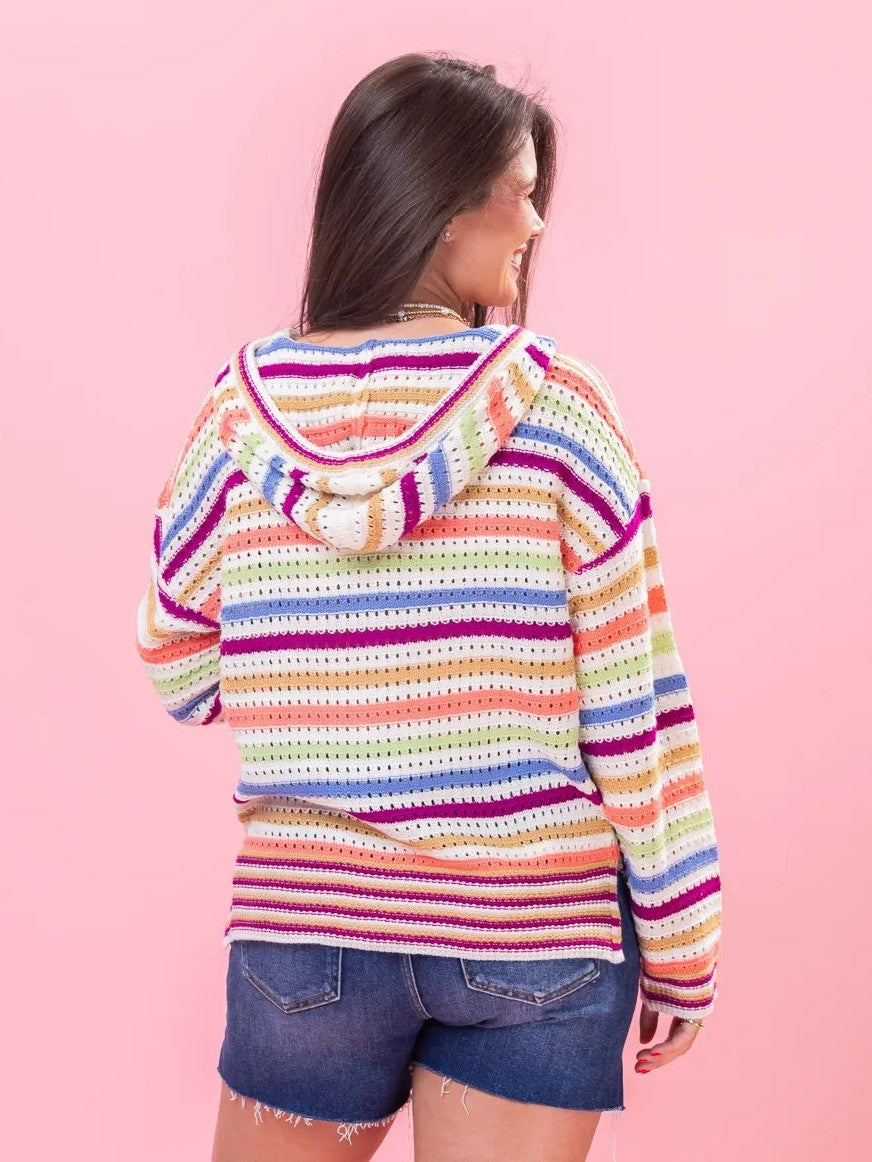 Women's Striped Hollow Knit Hooded Top