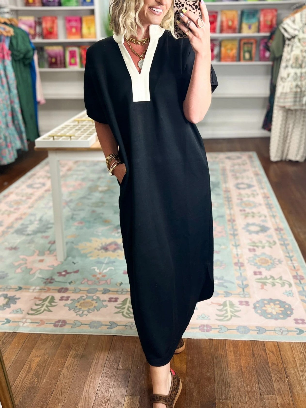 Women's Loose Fit Side Slit Casual Midi Dress