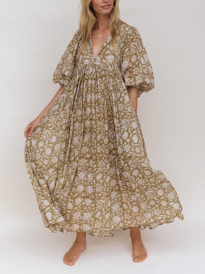 Women's Romantic Floral Lantern Sleeve Flowy Maxi Dress