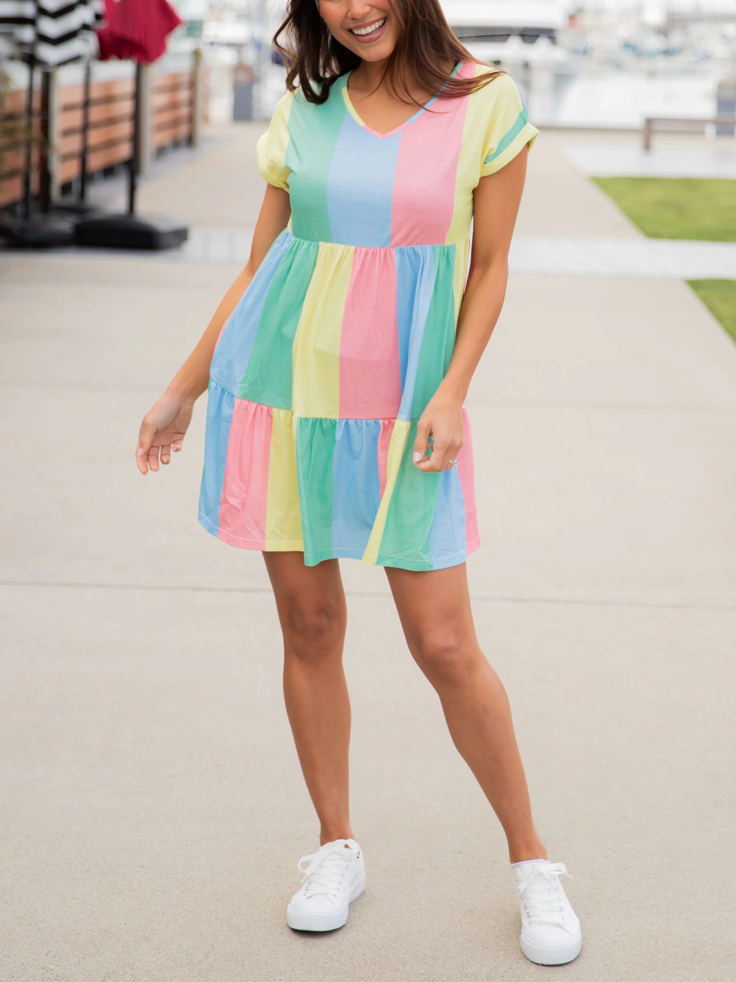 Women's Pastel Color Block Tiered Mini Dress