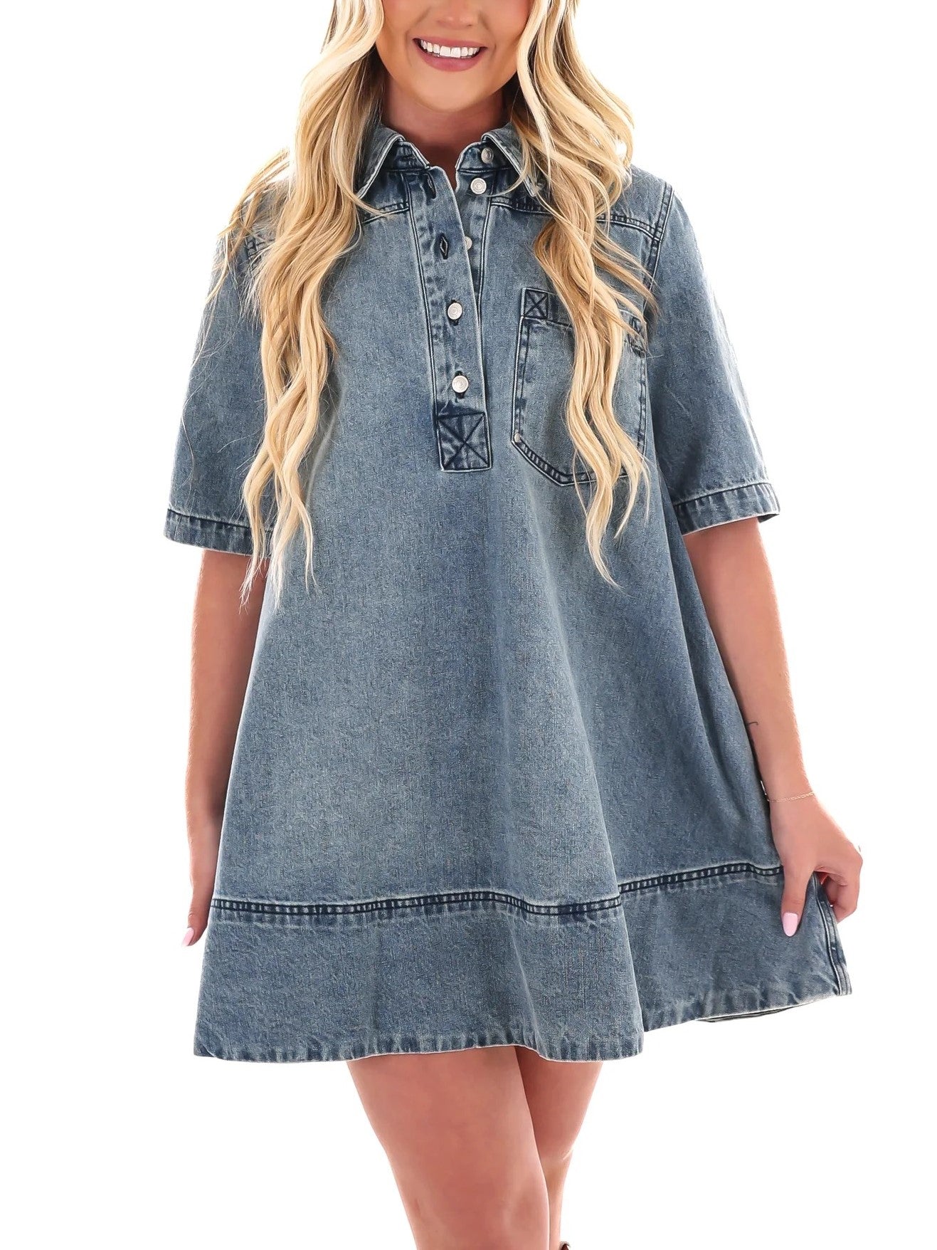 Women's V Neck Short Sleeve Jean Babydoll Dress