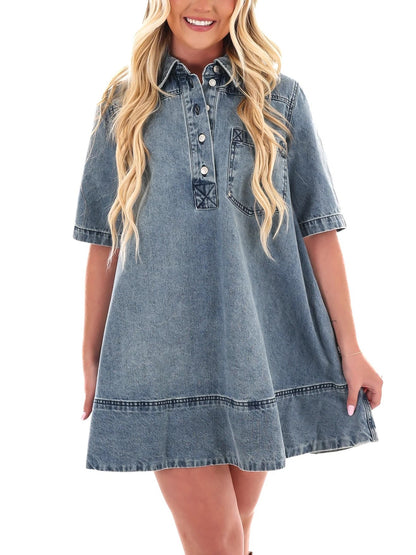 Women's V Neck Short Sleeve Jean Babydoll Dress