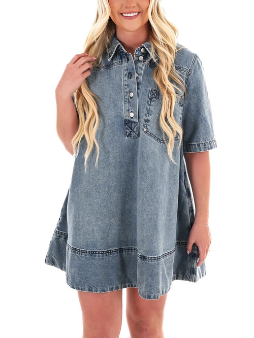 Women's V Neck Short Sleeve Jean Babydoll Dress