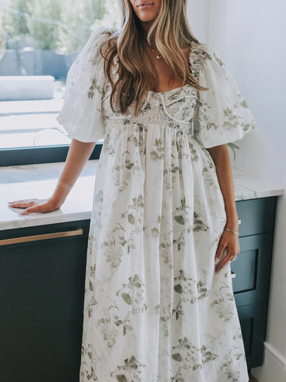 Women's Square Neck Smocked Waist Floral Dress