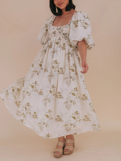 Women's Square Neck Smocked Waist Floral Dress