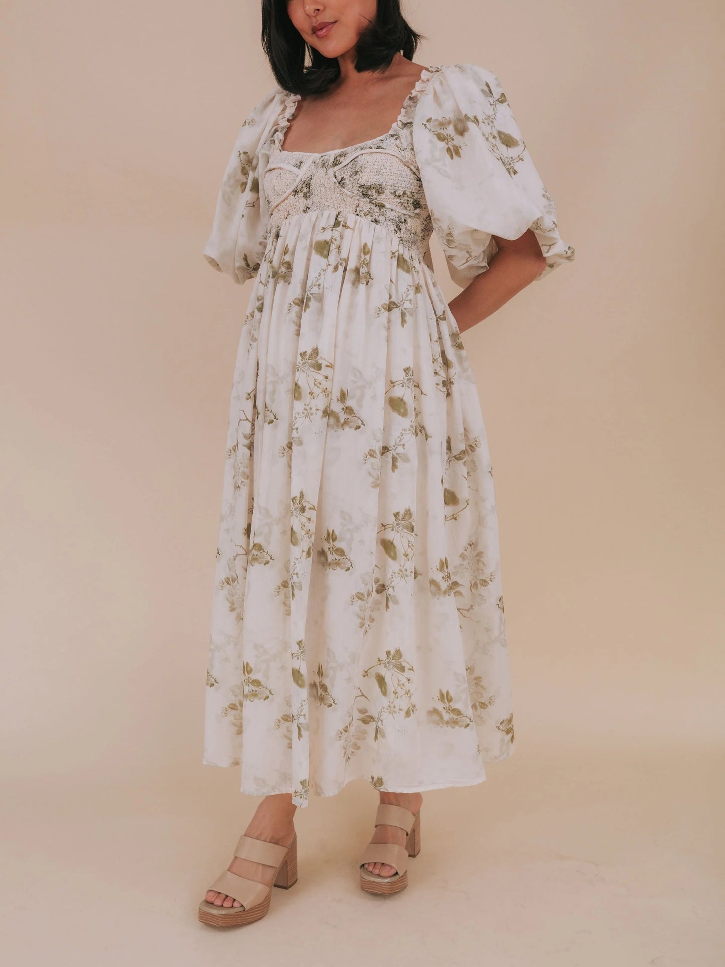 Women's Square Neck Smocked Waist Floral Dress