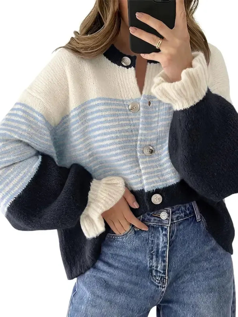 Women's Color Block Striped Ruffle Cuff Cardigan
