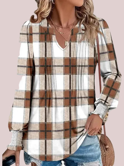 Women's Print Notch V‑Neck Long Sleeve Top
