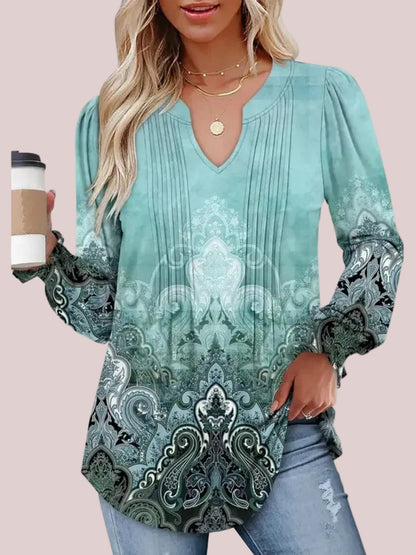 Women's Print Notch V‑Neck Long Sleeve Top