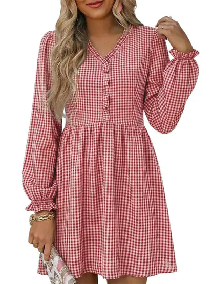 Women's Frill V Neck Plaid Long Sleeve Mini Dress